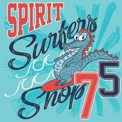 Illustration lizard surfboard with college design, text Spirit Surfer Shop, Varsity style.