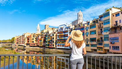 Woman tourist at Girona city,  Catalonia in Spain