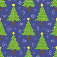 Pattern with Christmas tree and snowflakes. Preparing for the new year and Christmas. Vector illustration on a blue background. For covers, brochures, advertising flyers, prints and posters, packaging