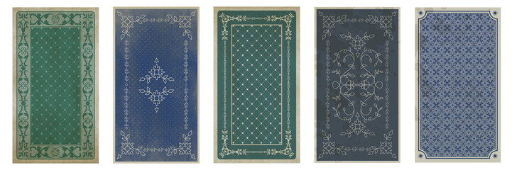 Set of Tarot back cards vintage, gothic or victorian style, decorated with patterns and ornamental decorative elements on aged and stained paper