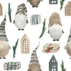 Watercolor seamless pattern with gnomes, houses, gifts. Hand drawn illustration on white background