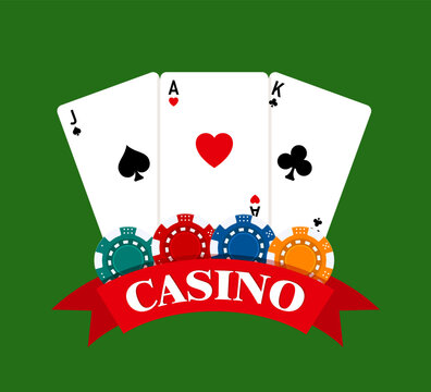 Pocker casino gambling set with cards, chips on green background. Online web casino banner. Vector illustration.