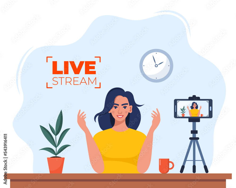 Poster blogger communicates in live stream with followers. woman records video content on camera. influence