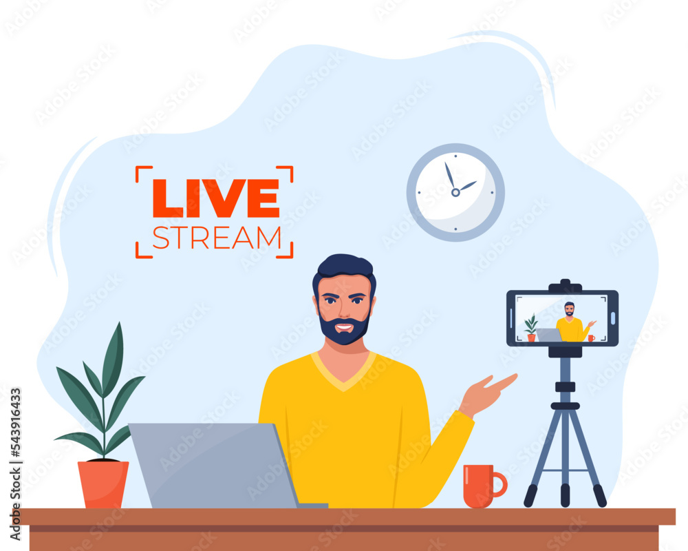 Poster blogger communicates in live stream with followers. man records video content on camera. influencer 
