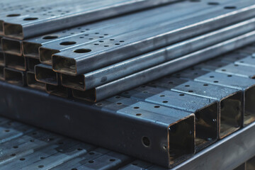 Steel profile pipe cut on an industrial laser, close-up and partial focus