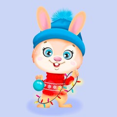 A rabbit who is going to decorate a Christmas tree, Christmas toys, a garland. Joy and laughter in the new year of the rabbit