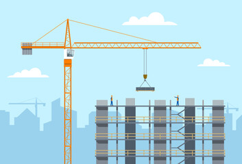 Construction site. Tower crane lifting a load. Building concrete frame. Vector illustration