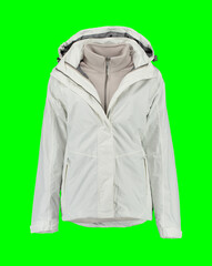 Open white warm jacket. Isolated white women's jacket on a green background. Isolated image on a green background. Nobody. 