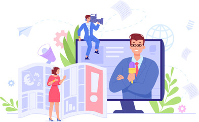 Media anchor. Newscaster person presentation global news report, tv host broadcast announcer on television screen people manipulation concept, video reporter vector illustration