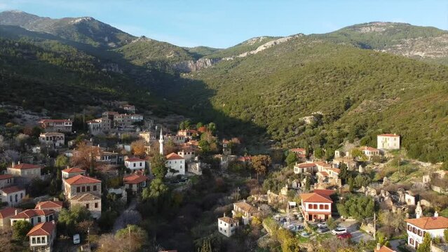 Aerial view of scenic Doganbey village on a sunset light, Turkey
