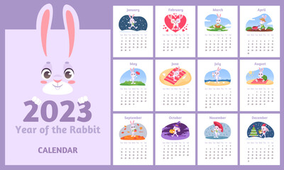 Bunny calendar. Advent 2023 year, cartoon rabbit monthly child planner baby shower, fun animal kids poster with months write notes chinese new years, ingenious vector illustration