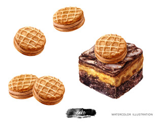 Peanut butter sandwich cookies with peanut butter bar watercolor illustration isolated on white background. Traditional american dessert Nutter Butter