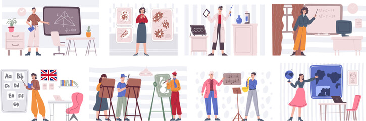 Lecturers at chalkboard. School or university teachers standing at blackboards study knowledge to students in academic classroom, college lecture work, recent vector illustration
