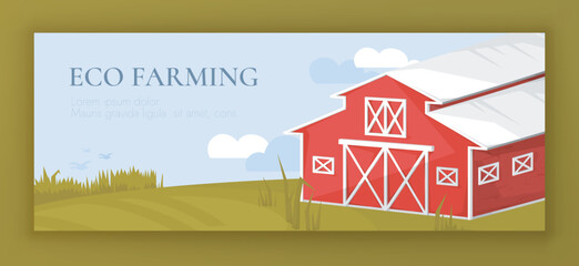 Vector banner with large old vintage red barn in green field. Rural landscape. Wooden warehouse with white roof. Farm building. Rustic scene. Eco farming concept. © helen_tereshina