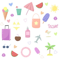 Summer elements. Sun, airplane, palm tree, luggage, watermelon, ice cream. Vector illustration isolated on white.
