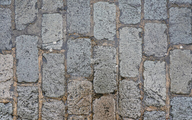 Wet rectangular cobble stone road, texture photographed from above