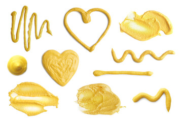 Set with spicy mustard on white background