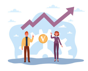 Productive work, productivity. Businessman and woman with growth arrow, company development, effective project, success strategy, target and goal achievement vector cartoon concept