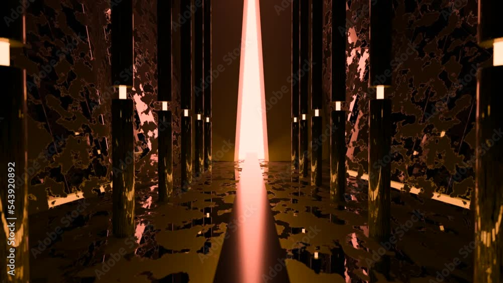 Poster green and orange background. design. light background with a long corridor that moves backwards in a