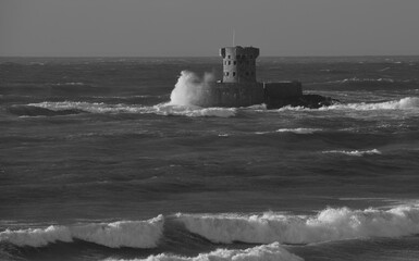 St.Ouen&rsquo;s Bay, Jersey, U.K. Dramatic coastal Autumnal weather in black and white.