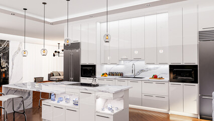 Modern open style quartz kitchen island, interior design of white kitchen cabinets