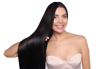 Portrait of beautiful young woman with healthy strong hair on white background