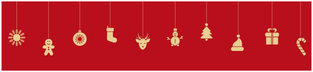 Collection of Christmas gold icons on red background.	