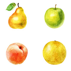 Watercolor illustration, set. Melon, peach, apple, pear. - 543921861