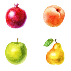 Watercolor illustration, set. Fruit. Pear, peach, pomegranate and apple.
