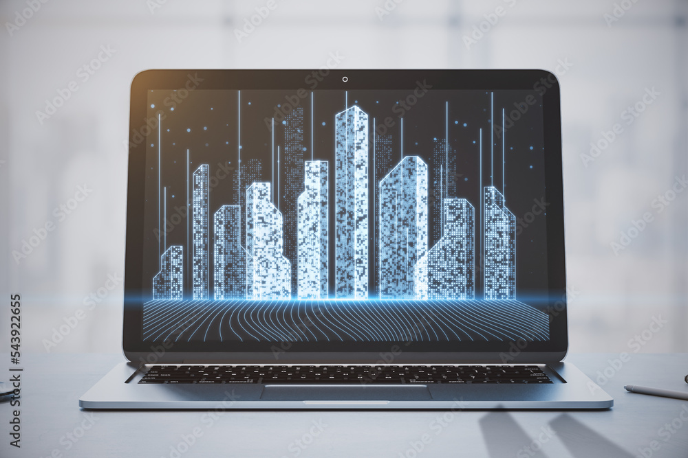 Poster close up of laptop screen with abstract creative pixel city hologram. smart city, innovated building