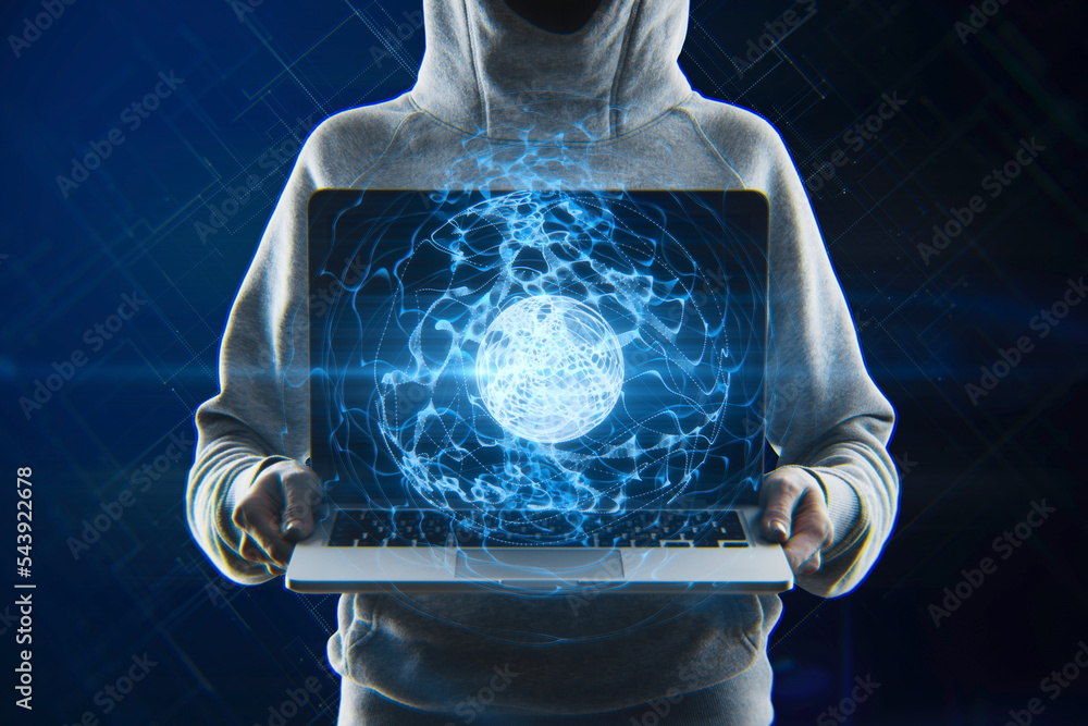 Poster hacker holding laptop with glowing blue linear sphere on blurry background. geometric cyberspace, ha