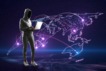 Hacker in hoodie using laptop with glowing map and connections on purple background. Global network, hacking and digital world concept.