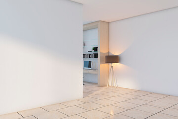 Modern hallway to office interior with mock up place on light wall, tile floor, furniture. 3D...