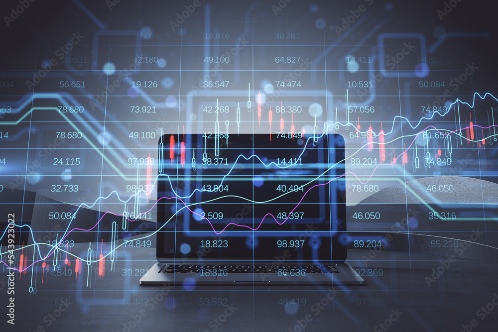 Poster close up of laptop keyboard with creative candlestick forex chart index hologram on blurry backgroun