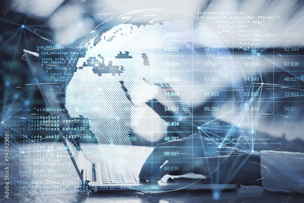 Poster hands using laptop and cellphone at desktop with glowing planet earth globe hologram with polygonal 