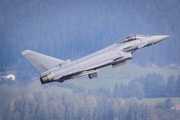 Military jet fighter with full afterburner taking off to a mission