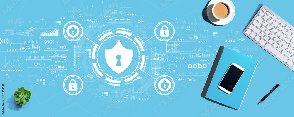 Poster cyber security theme with a computer keyboard and office items