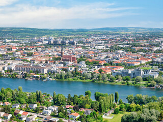 Fototapeta na wymiar Beautiful aerial view with Donaustadt district and Danube river in Vienna, Austria.