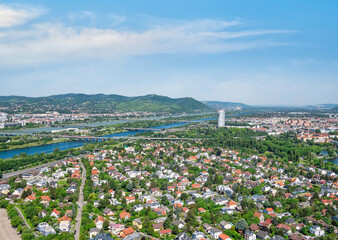 Beautiful aerial view with Floridsdorf district and Danube river in Vienna, Austria.