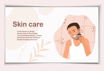 Routine skin care. Happy
a handsome man, cartoon, character, is engaged in daily facial hygiene, shaves.