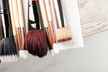 Set of different makeup brushes drying after cleaning on table, closeup