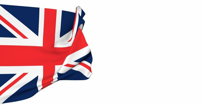 Flag of Great Britain on a white background 3D video. Symbol of british flag country on flagpole curls.