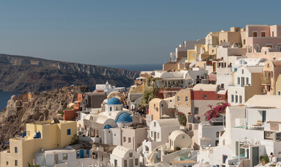 Oia, Santorini, Greece. 2022. Landscape view of the historic town of Oia on Santorini in the...