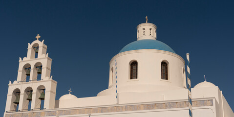 OIA, Santorini, Greece. 2022. Greek Orthodox church, Chiesa de Panagra Akathistos Hymn with blue...