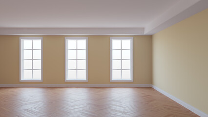 Room with Beige Walls, White Ceiling and Conrnice, Three Large Windows, Herringbone Parquet Floor and a White Plinth. Beautiful Concept of the Interior, 3D Rendering. Ultra HD 8K, 7680x4320, 300 dpi