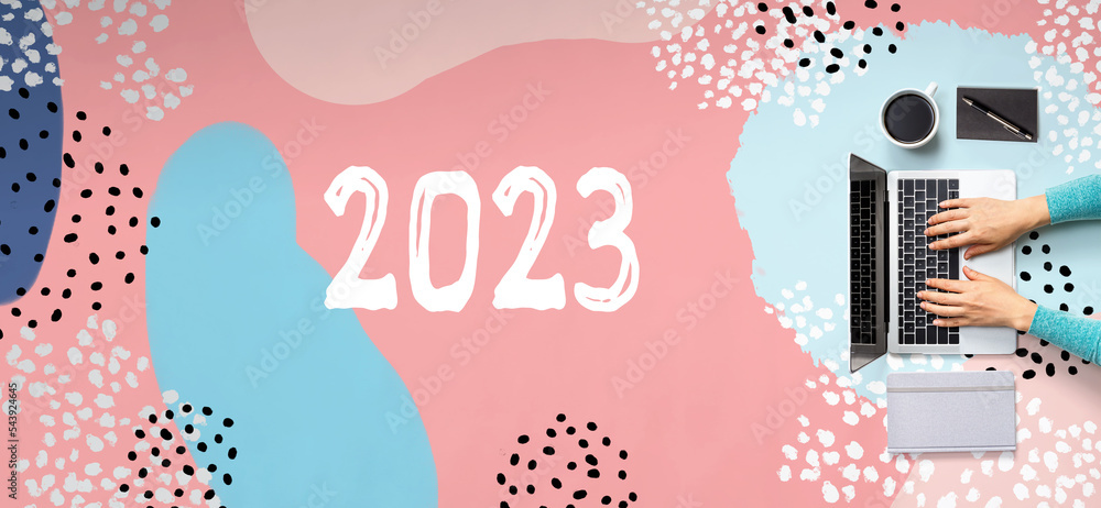 Aufkleber 2023 new year concept with person using a laptop computer