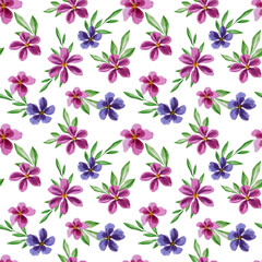 Hand drawn watercolor seamless floral pattern. Watercolor bright flowers. Pink. Violet. Fabric print. Textile. Watercolor pattern.
