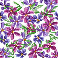 Hand drawn watercolor seamless floral pattern. Watercolor bright flowers. Pink. Violet. Fabric print. Textile. Watercolor pattern.