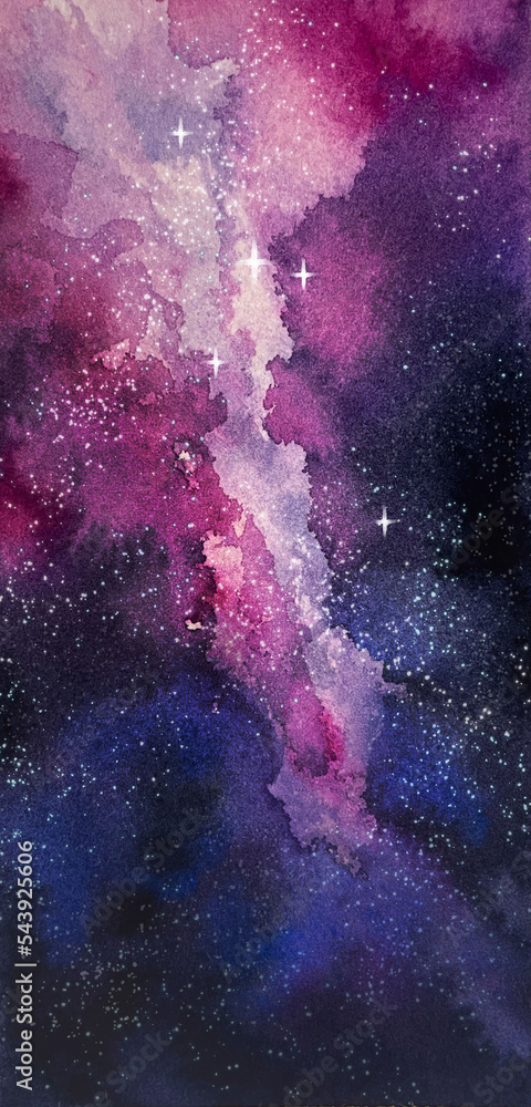 Wall mural watercolor sky background, outer space with twinkling stars and galaxy in dark blue purple and pink 