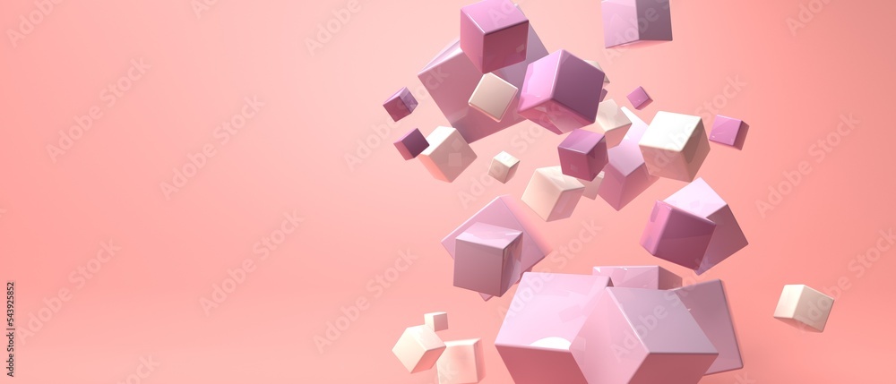 Poster 3d render design of different size of cubes